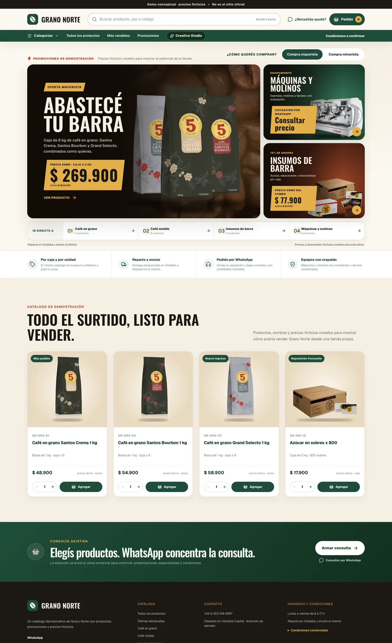 Demo de catálogo para una distribuidora de café mayorista y minorista, en computadora